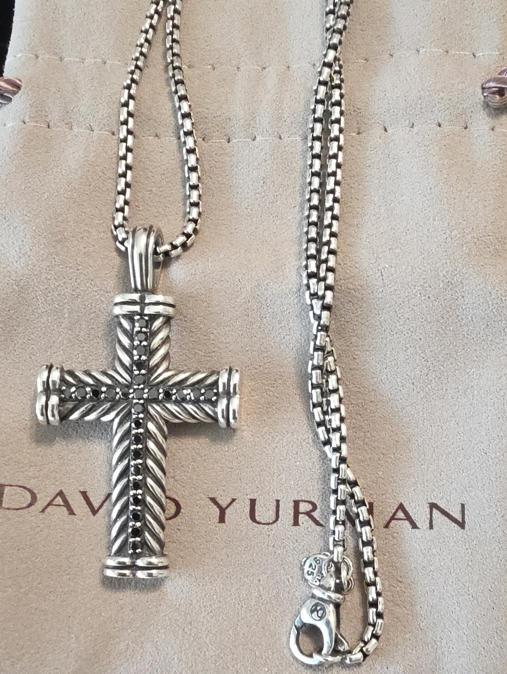 David Yurman Silver Rope Cross Necklace with Black Diamonds